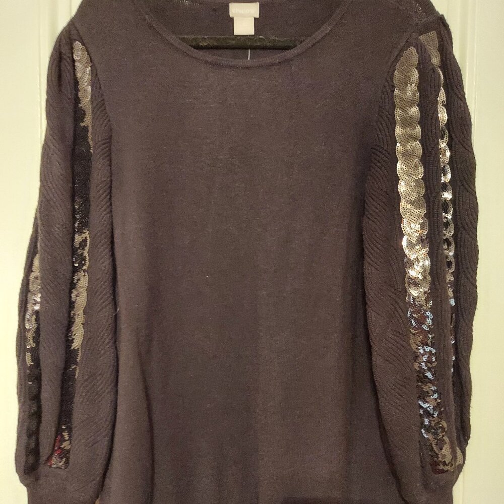 NWT Chico's Crew Neck Puff Sleeve Black Sweater w/ Sequin Stripes on Sleeve sz 2